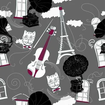 Seamless pattern with  Paris and gramophones 스톡 일러스트