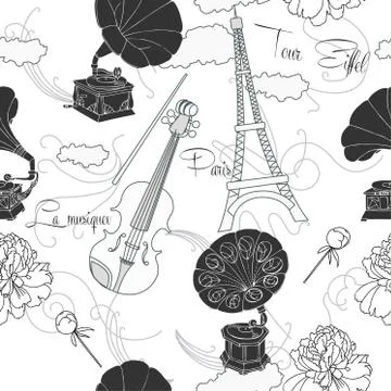 Seamless pattern with  Paris and music Illustrazione stock
