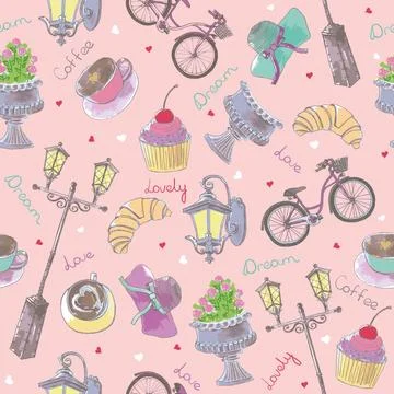 Seamless pattern with Paris, France elements. Pattern with coffee, bicycle, c Illustrazione stock