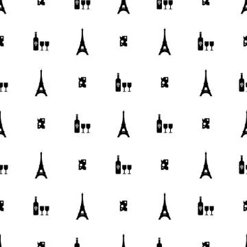Seamless pattern paris symbols. Bottle of wine, cheese, eiffel tower on white Stock Illustration