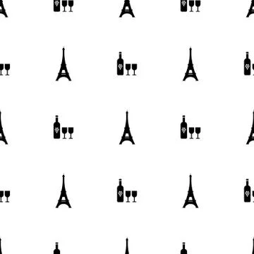 Seamless pattern paris symbols. Bottle of wine and eiffel tower on white. Vector Stock Illustration