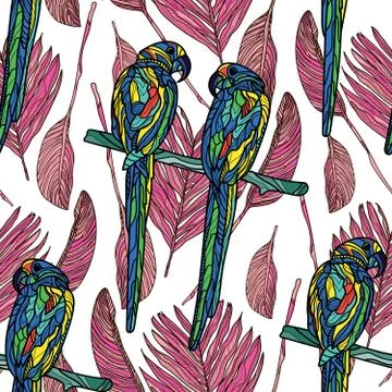 Seamless pattern with parrots and tropical leaves on white background. Stock Illustration
