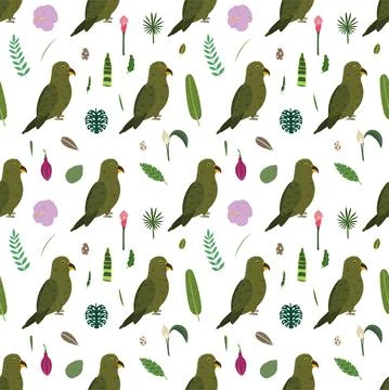 Seamless pattern with parrots kea, tropical leaves and flowers. Stock Illustration