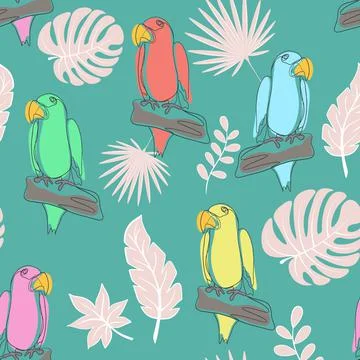 Seamless pattern with parrots line art vector. Simple continuous pattern . Illustrazione stock