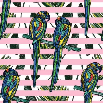 Seamless pattern with parrots, pink stripes and tropical leaves. Stock Illustration