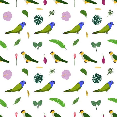 Seamless pattern with parrots pionus, black headed, tropical leaves and flowers. Stock Illustration