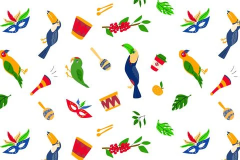 Seamless pattern with parrots, toucans, mask Stock Illustration