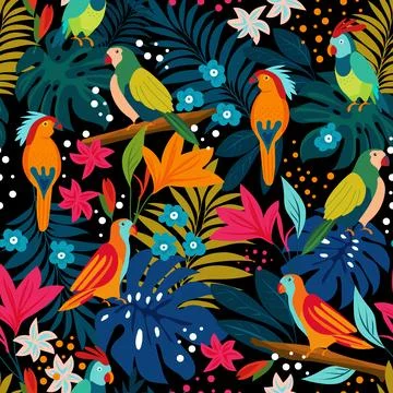 Seamless pattern of parrots on the tropical branches with tropical leaves Illustrazione stock