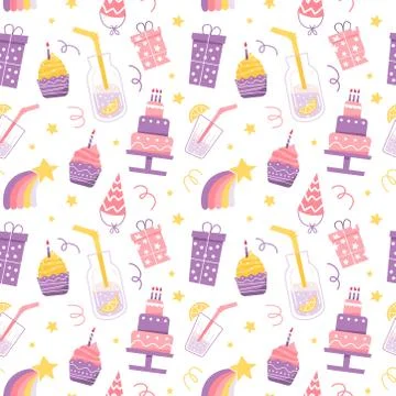 Seamless pattern with party attributes. Happy birthday background for wrapping Illustrazione stock