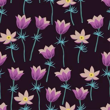Seamless pattern with pasque flowers isolated on white background. Stock Illustration