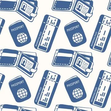 Seamless pattern with passport, boarding pass and wallet in flat style. Travel Stock Illustration