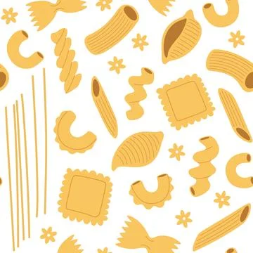 Seamless pattern with pasta and macaroni, various shapes and types. Hand-dr.. Stock Illustration
