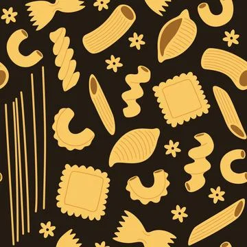 Seamless pattern with pasta and macaroni, various shapes and types. Hand-dr.. Stock Illustration