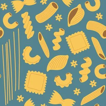 Seamless pattern with pasta and macaroni, various shapes and types. Hand-dr.. Stock Illustration