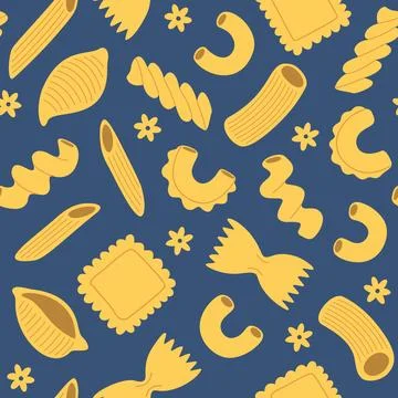 Seamless pattern with pasta and macaroni, various shapes and types. Hand-dr.. Stock Illustration