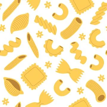 Seamless pattern with pasta and macaroni, various shapes and types. Hand-dr.. Stock Illustration