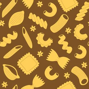 Seamless pattern with pasta and macaroni, various shapes and types. Hand-dr.. Stock Illustration