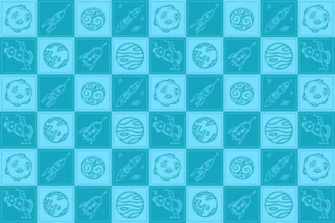 Seamless pattern of pastel blue Nude tones with spaceships and planets Stock Illustration