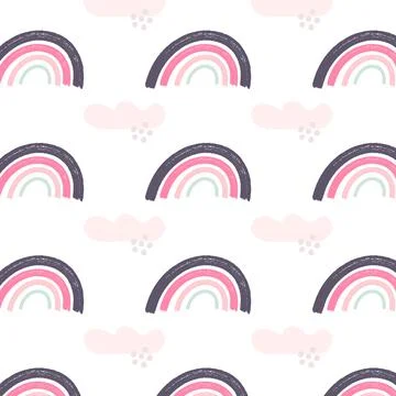 Seamless pattern with pastel color rainbow and cloud shapes. Light pink girlish Stock Illustration