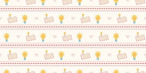 Seamless pattern with pastel colored books light bulbs and ribbons on white Stock Illustration