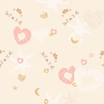Seamless pattern pastel-colored hearts, stars, moons, and abstract scribble e Stock Illustration