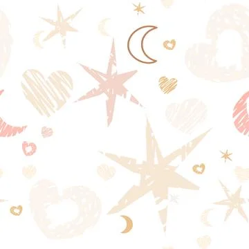 Seamless pattern pastel-colored hearts, stars, moons, and abstract scribble e Stock Illustration