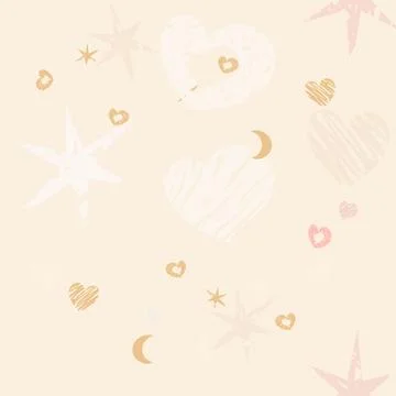 Seamless pattern pastel-colored hearts, stars, moons, and abstract scribble e Stock Illustration