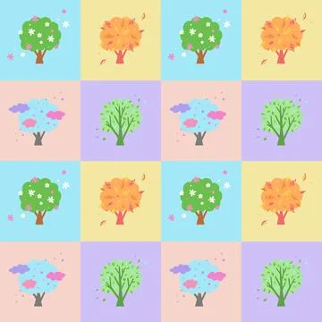 Seamless pattern pastel colors. Seasons four trees at different times of year Stock Illustration