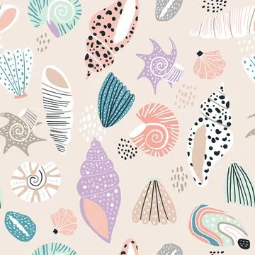Seamless pattern with pastel hand drawn seashells. Creative marine texture. Stock Illustration