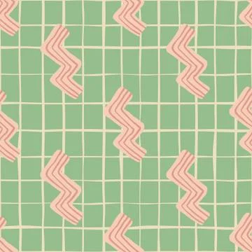 Seamless pattern in pastel tones. Pink zigzag elements on green chequered bac Stock Illustration