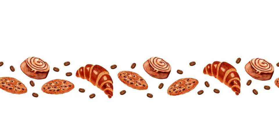 Seamless pattern of pastries and coffee beans with croissants and cinnamon rolls Stock Illustration