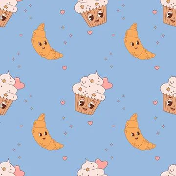 Seamless pattern with pastry characters. Cute croissant and cake cupcake in.. Illustrazione stock