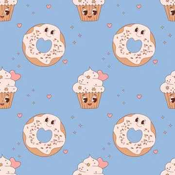 Seamless pattern with pastry characters. cute cartoon donut and cupcake on .. Illustrazione stock