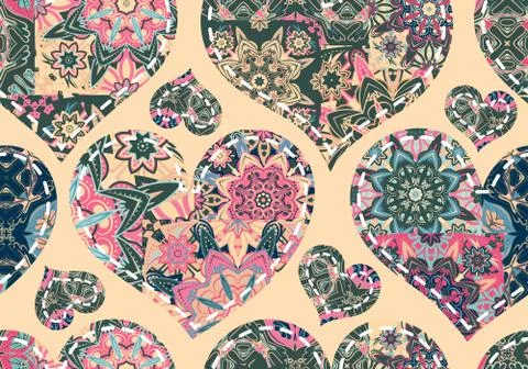 Seamless pattern with patchwork hearts. Beautiful valentine background with イラスト素材