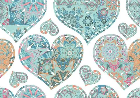 Seamless pattern with patcwork blue pastel hearts. Beautiful valentine Illustrazione stock