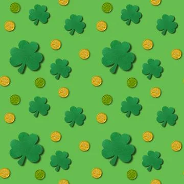 Seamless pattern for Patrick's day with clover leaf on green background. Stock Photos
