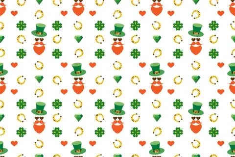 Seamless pattern for Patrick's day with stylish print. Hat, beard, mustache,  Stock Illustration