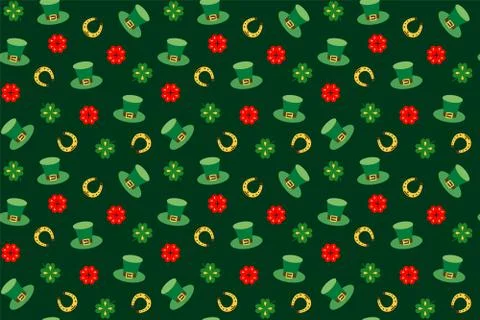 Seamless pattern for Patrick's day with stylish print. Hat, clover leaves, ho Illustrazione stock