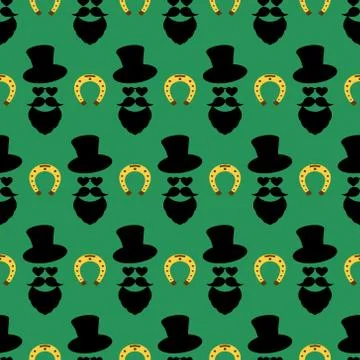 Seamless pattern for Patrick's day with stylish print. Hat, beard, mustache for Stock Illustration
