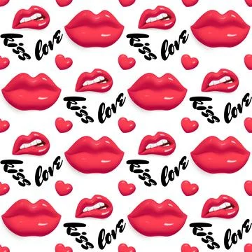 Seamless pattern. Pattern with lips. Seamless wallpaper with 3d lips, heart a Illustrazione stock