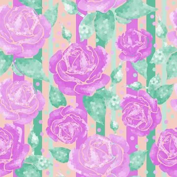 Seamless pattern pattern with roses geometric line style purple flowers with  Stock Illustration
