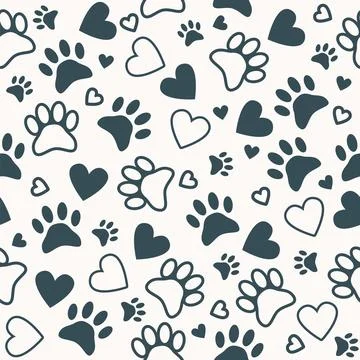 Seamless pattern with paw and heart prints. Animal footprint background Illustrazione stock