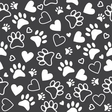 Seamless pattern with paw and heart prints. Cute animal footprint background 스톡 일러스트