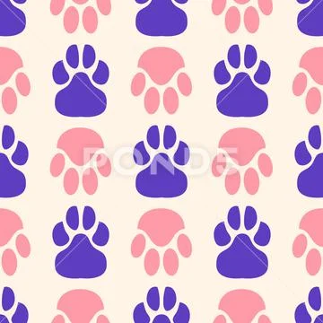 Seamless pattern, cat faces and paw prints on a white background