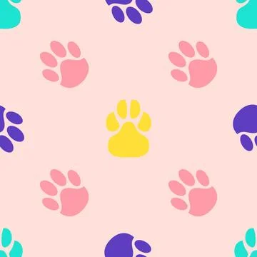 Seamless pattern of paw print. Trace of cat foot. Flat style. Vector illustra Stock Illustration