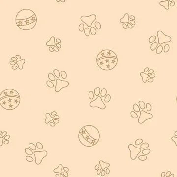 Seamless pattern with paw prints animal and balls outline style 스톡 일러스트