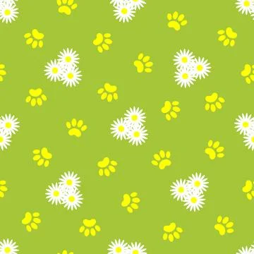Seamless pattern with pawprint and daisies on a green field Stock Illustration