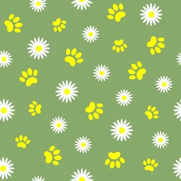 Seamless pattern with paws and daisies on a green field Stock Illustration