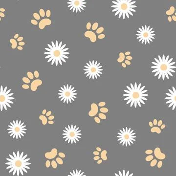 Seamless pattern with paws and daisies on grey background Illustrazione stock