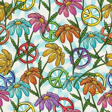Seamless pattern with peace sign, chamomiles Stock Illustration